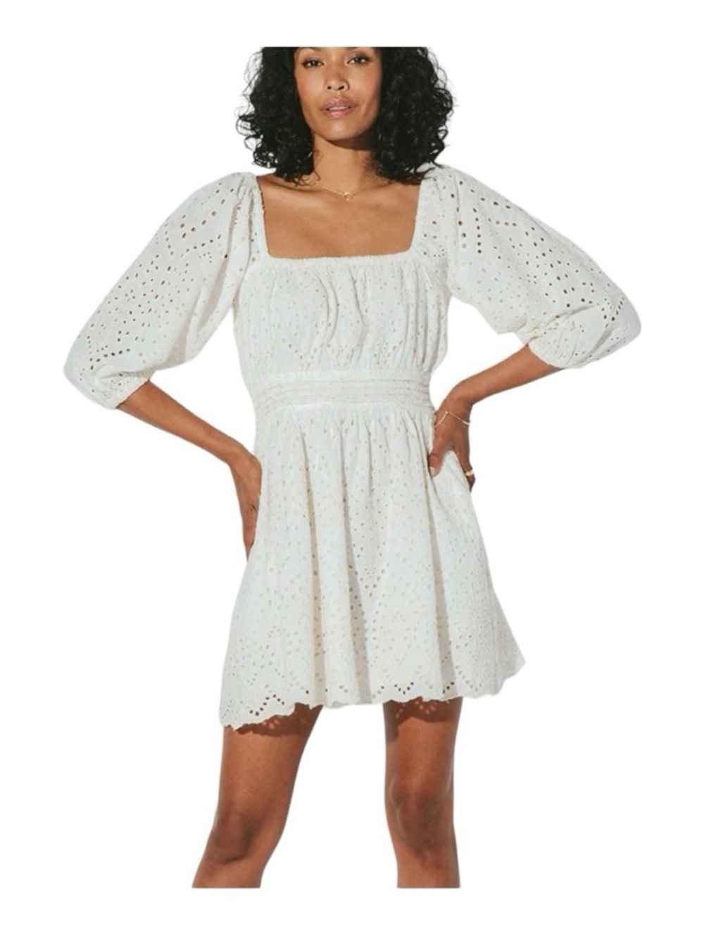 Cleobella Aria boho-inspired mini dress in white eyelet fabric with open back